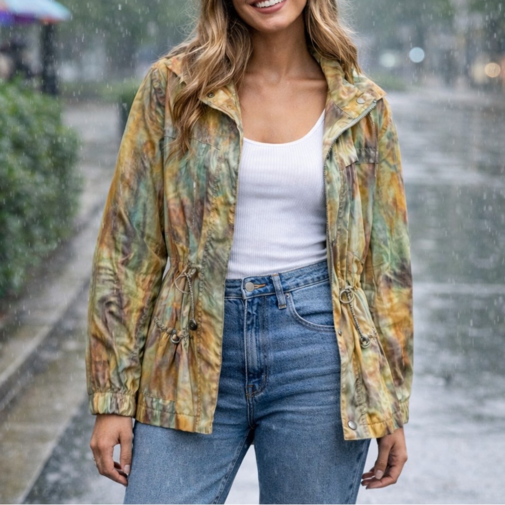 Abbie Mags Watercolor Green Zip Front Rain Jacket Cinched Waist Light Coat Large